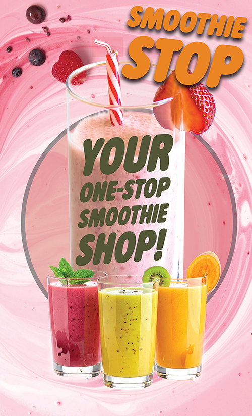 My 'Smoothie Stop' menu cover design, featuring a pink smoothie spiral and several differently coloured smoothies