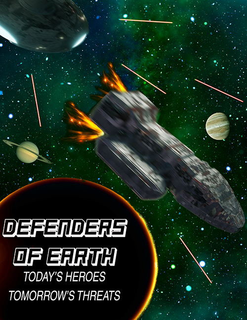 My movie poster design, called 'Defenders of Earth.' Featuring spaceships battling eac-other and a black hole