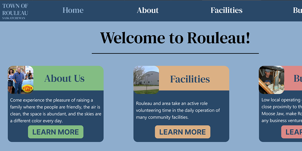 The homepage of my Town of Rouleau website redesign